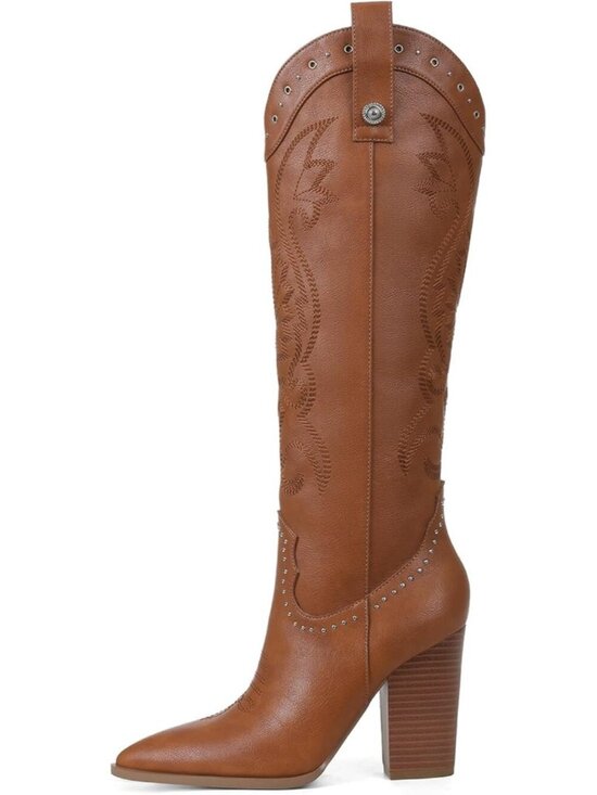 Shoes - Women's Pointed Toe Chunky High Heels 2 Brown Pull-on Embroidered Western Boots
